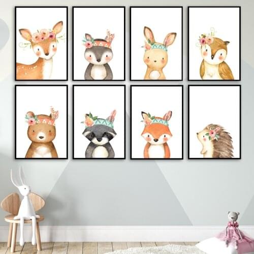 Woodland Animals Deer Bear Rabbit Fox Owl Flower Wall Art Print Canvas Painting Nordic Poster Decor Pictures For Baby Girl Room