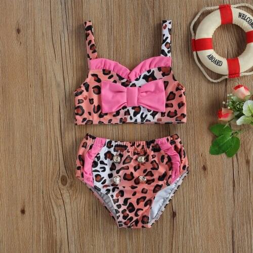 Summer Toddler Swimwear Kids Girl Two-Piece Swimsuit Cute Leopard Print Bow Strap Bikini Top+Briefs Swimming Beach Suit for 0-4T