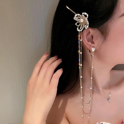 Fashion Personalized Ear Clip Hairwear Integrated Earrings Diamond Pearl Flower Hair-Accessories For Women Design Birthday Gift