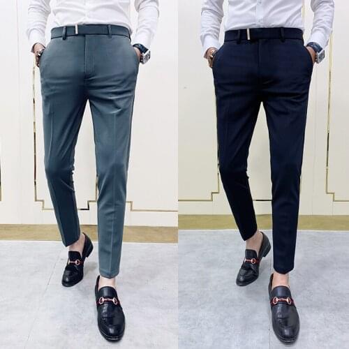 Mens Elastic Straight Formal Pants 2021 Mens Spring Solid Color Suit Pants Fashion Business Casual 9 Points Pants Suit Pants