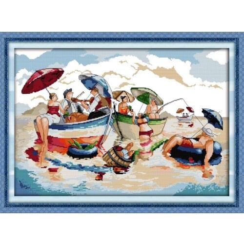 Sea party enjoy life series Cross Stitch Kits 14CT 11CT Count Canvas Printing Needlework Embroidery Set Home Decoration Painting