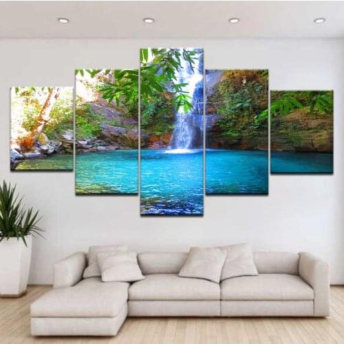 Nvas Wall Art Picture Modern Print Painting Large Peaceful Waterfall 5 Panels Landscape Pictures Photo Painting(No Frame)