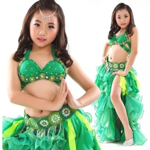NEW Top Grade Children Belly Dancing Clothes 3-piece Oriental Outfit Bra Belt Skirt Girl Belly Dance Costume Set Professional