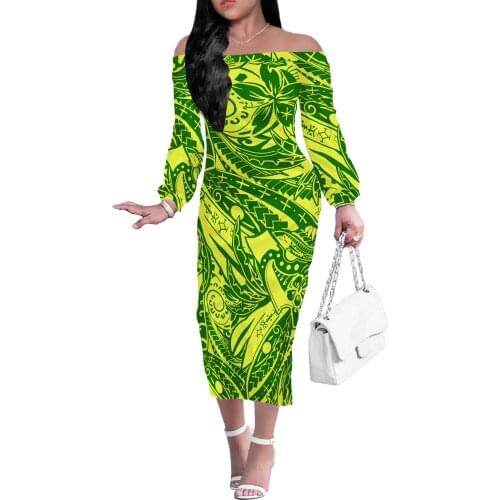 2021 New Arrivals Fashion Women Elegant Neckline Off Shoulder Long Sleeve Printed Polynesian Tribal Womens Party Pencil Dress