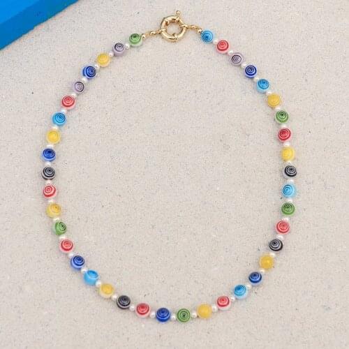 Lovely Choker Summer Vacation Short bohemian Millefiori grain lines veins stripe streak Glass bead pearls CIRCUS NECKLACE women