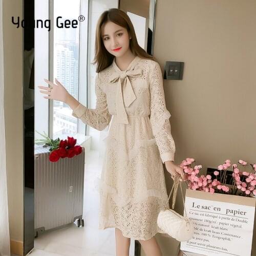 Young Gee Women Long Sleeve Lace Dress Big Size S-XXL Elegant Lady Bow Neck Ruffles Floral Party Black Dresses 4 Colors Vestidos