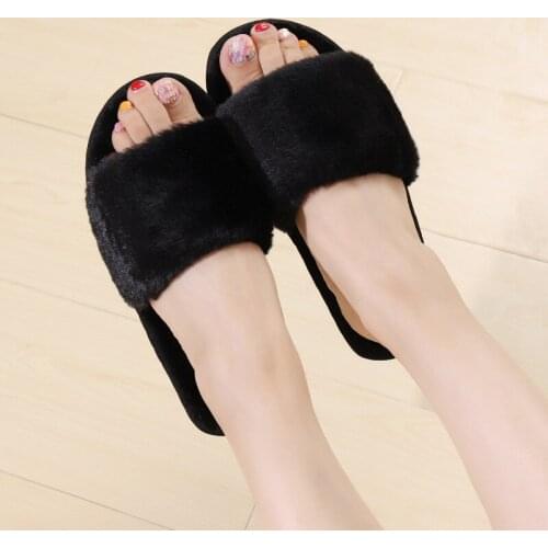 Women House Slipper Plush Slippers fur slides Fluffy Faux Not-slip Flat Sandals Female Casual Shoes