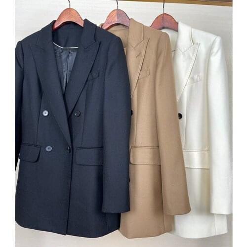 High-end Suit Jacket Women Autumn 100% Wool Horn Buckle White Small Suit 2021 Winter Black Double-Breasted Slim Commuter Classic