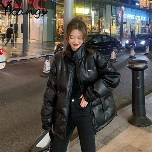 2020 Black Thick Short Stand Collar Winter Coat Korean Style PU Leather Down Cotton Jacket Women Fashion Daily Casual Clothing