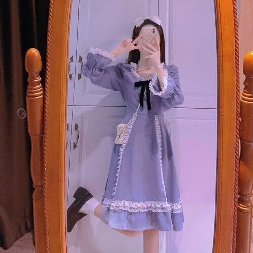 Bule Lolita Dress Women Eleagnt Bow Lace Patchwrok Sweet Dress Female Puff Sleeve Knee Length Korean Style Chic Dress