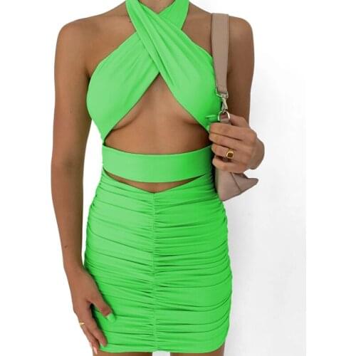 Women Summer Tight Dress Solid Color Hollow-Out Tied Halter Neck Backless Ruffled Skirt for Girls Green/Black