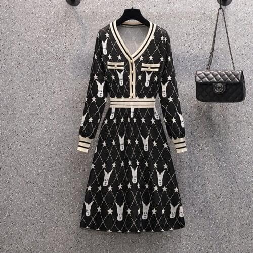 2021 New Autumn Winter French Vintage Knitted Dress Women V-neck Long Sleeve Jacquard Small Fragrance Sweater Dress Robe Femme