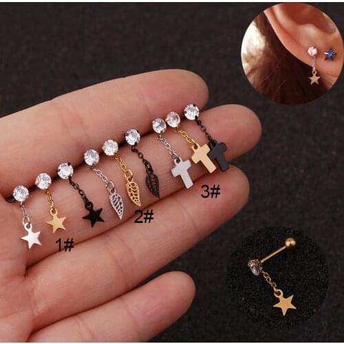 1PC Cz Barbell Stainless Steel Chain With Star Cross Leaf Dangle Cartilage Earring Helix Screw Back Earring Ear Piercing Jewelry