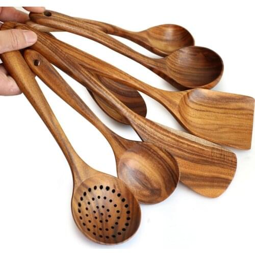 1PC Natural Wood Tableware Spoon Ladle Turner Long Rice Colander Soup Skimmer Cooking Spoons Scoop Kitchen Tool Set