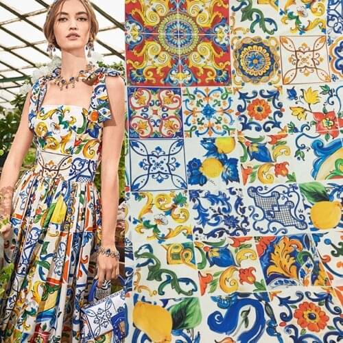 145cm Width Fashion Sicily Blue and white porcelain Lemon Printed Cotton Fabric For Woman Summer Dress Blouse DIY Sewing
