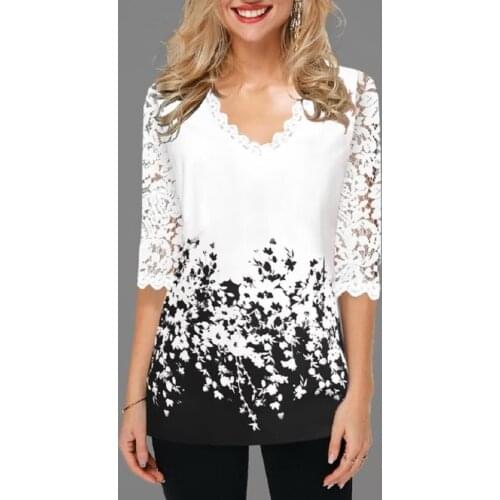Shirt Blouse women 2021 Spring autumn Plus Size 4xl 5XL New Tops V-neck Short Sleeve Lace Hollow out Print Female Shirt