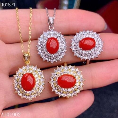 KJJEAXCMY exquisite jewelry 925 sterling silver inlaid natural red coral gemstone ladies ring necklace pendant set support detec