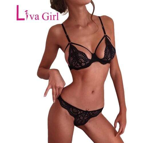 LIVA GIRL Woman Crochet Lace Lingerie Set Sexy Hollow Out Bralette Panty Set Lady Black/White Bra Top&Thong Lenceria Underwear