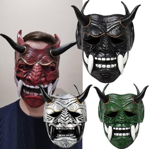 Samurai Latex Halloween Mask Japanese Samurai Cosplay Headgear Scary Prajna Costume Cosplay Props