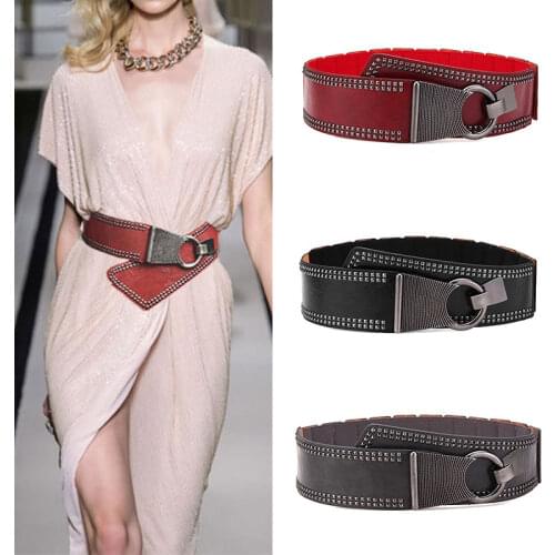 Fashion Wide Waist Belt Stretchy Dress Waistband Pu Leather Cummerbunds European Style Lady Belts Metal Round Buckle Punk Belts