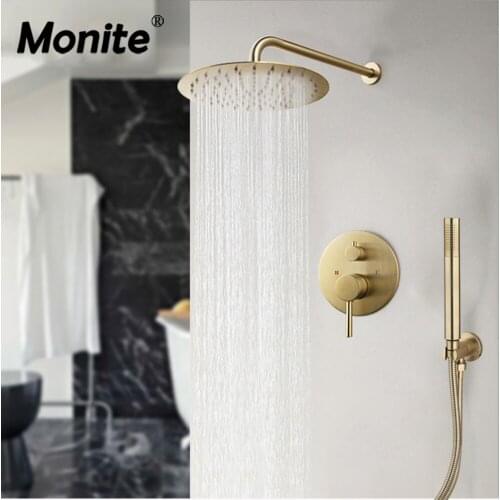 Monited 10 Inch Nickel Golden Bathroom Shower Faucet Set Round Shower Head Wall Mounted Rainfall Shower Set W/ Hand Shower Mixer
