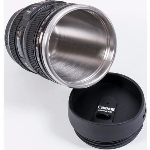 New 400ML 304 Stainless Steel Lens Thermos Camera Travel Coffee Tea Cup Mug Lens Creative Cup Brushed Liner Black