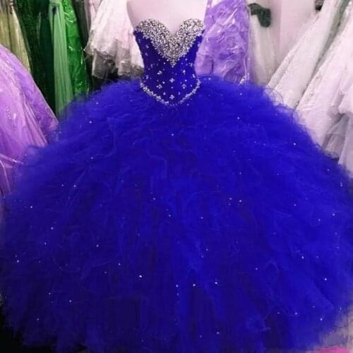 New Royal Blue Sweet 16 Party Debutantes Gowns Puffy Tulle Crystals Sweetheart Neck Corset Back 2020 Plus Size Quinceanera Dress