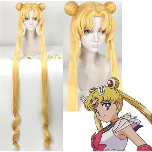Tsukino Usagi Cosplay Wig Long Curly Blonde Double Ponytails Heat Resistant Synthetic Wigs + Wig Cap