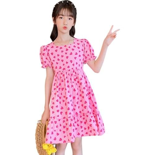 Girls Dress Heart Pattern Dresses For Girl Casual Style Children Dresses Summer Costume Girl 6 8 10 12 14