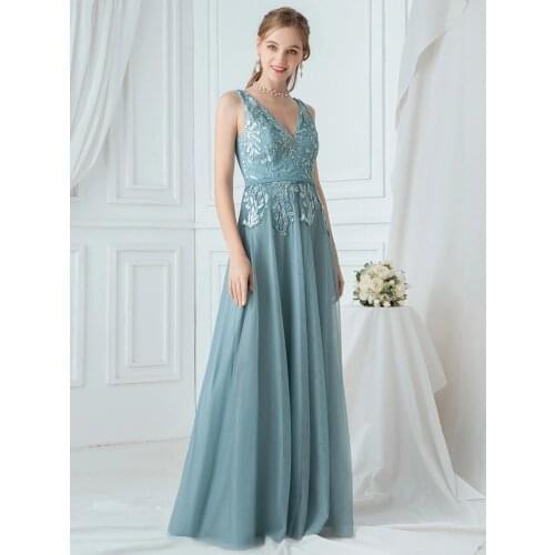 Robe de soirée Luxury Womens A-Line Double V-Neck Embroidered Evening Dresses DustyBlue Plus Size Vestido de noche A-LINE Gowns