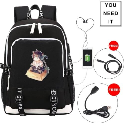 Noragami Yato Printing Backpack Waterproof Women Backpack USB Charging Laptop Backpack Canvas School Bags for Teenage Girls
