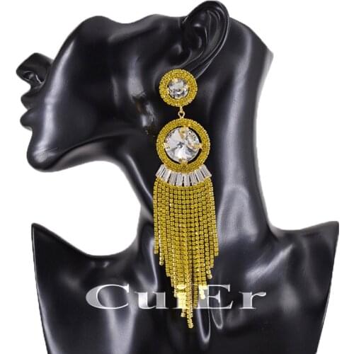 CuiEr 5.4" Long Oversized Post Earrings Black Crystals Drag Queen Pageant tassel Rhinestones Jewelry for wedding