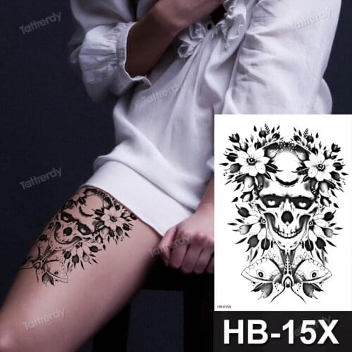 Skull flower tattoo sticker black thigh leg arm sleeve temporary tattoos big body art beauty women men sketch tattoo designs