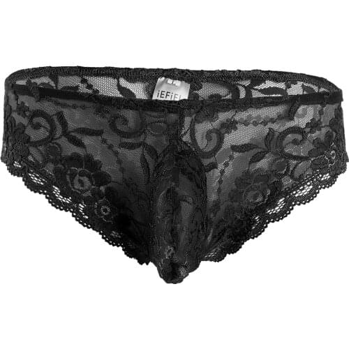 ZDHoor Sexy Lace Panties Men Sissy Underwear Bikini Briefs Lace Floral Bulge Pouch Erotic Panties See Through Mesh Gay Underwear