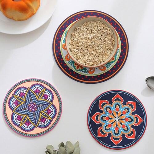 Thickened Silicone Heat Insulation Pad Retro Floral Pattern Round High Temperature Resistant Household Anti-scalding Pad GQ