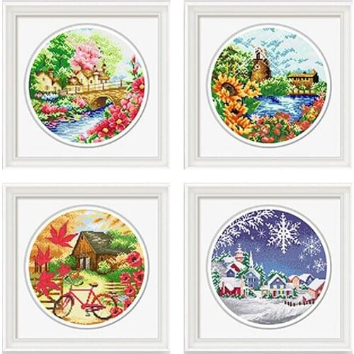 Spring Flowers Summer VillageAutumn Story Winter Snow Scenery Stamped Cross Stitch Kit, 35cm x 35cm