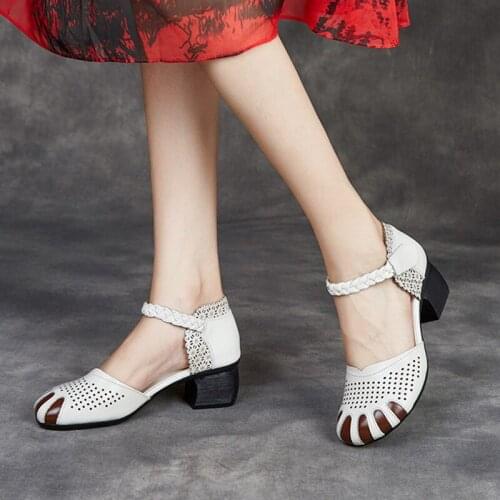 YourSeason Genuine Leather Ladies 2021 Hook Loop Print Vintage Sandals Sewing Handmade Women Concise Casual Hollow Shoes