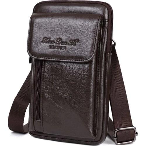 Genuine Leather Men Fanny Pack Cell Mobile Phone Case Shoulder Bags Male Small Messenger Cross body Hook Waist Pack Belt Bag