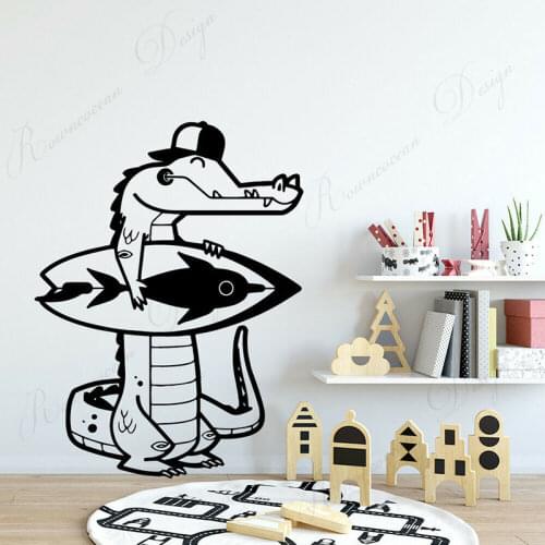 Funny Crocodile Surfboarding Surf Wall Decals Cartoon Home Decor Kids Room Nursery Sticker Removable Self-adhesive Murals 4186