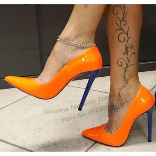 Moraima Snc Pointed Toe Woman High Heel Shoes Thin Heels Orange Patent Leather Pumps Shallow Mouth Party Dress Shoe