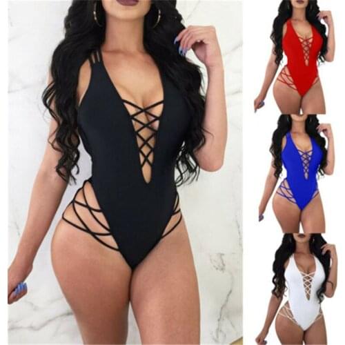Women Sexy Bandage Backless Swimwear Deep V Swimsuit Solid One Piece Swimsuit Female Bathing Suit Monokini Beachwear