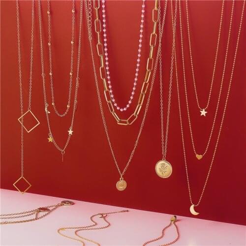 17MILE Vintage Moon Star Gold Necklaces For Women Multilayer Geometric Coin Portrait Choker Pendant Necklace Fashion Jewelry