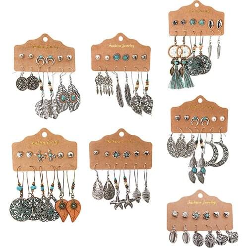 12 Pieces Fashion Boho Drop Earrings Women Alloy Jewelry Moon Star Waterdrop