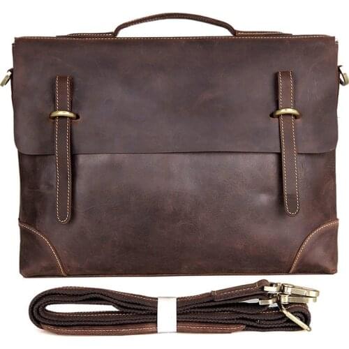 14" Famous Brand Business Men Briefcase Bag Crazy Horse Genuine Leather Laptop Bag Casual Vintage Man Shoulder Messenger bags