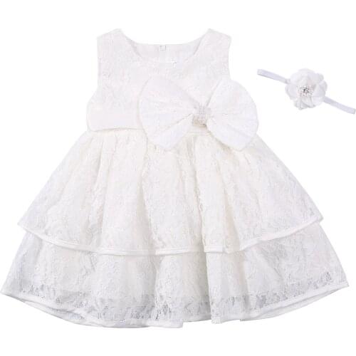 2021 Girls Princess Dress Baby Sleeveless Bow Waist Lace Formal Dress For Party + Flower Headdress Summer Clothing