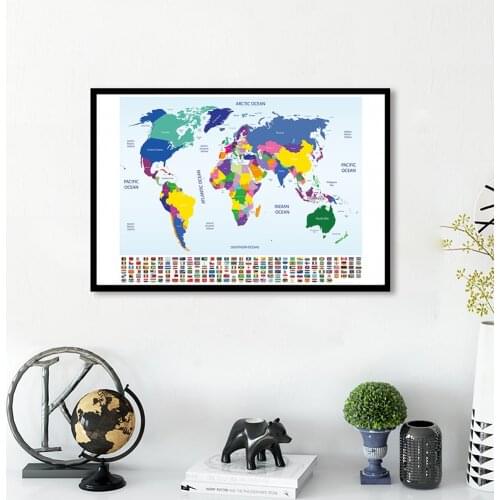 84*59cm The World Map with National Flags Canvas Painting Retro Wall Art Poster Living Room Classroom Home Decor School Supplies