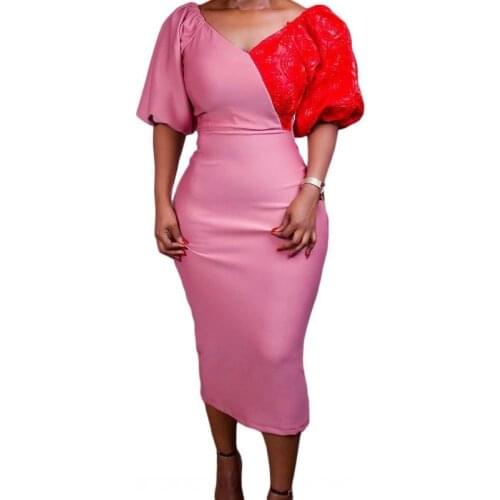 African Slim Dresses For Women High Waist Mid Calf Splice Robe Fashion Sweet Elegant Puff Sleeve African Office Lady Party Dress