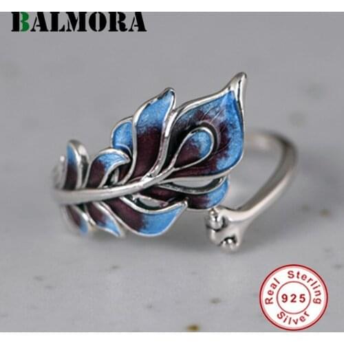 BALMORA 100% Pure 925 Sterling Silver Peacock Feather Rings For Women Open Adjustable Ring Cloisonne Enamel Ring Jewelry Gift