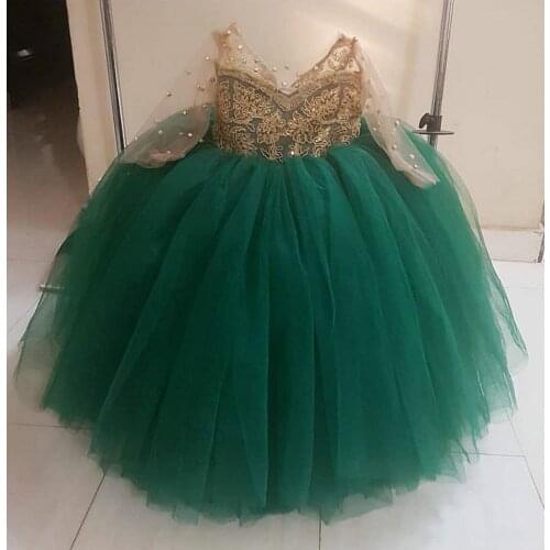 Ball Gown Customized Baby Girl Dresses Long Sleeve Green Tulle Champagne Lace Top Children Wedding Party Dress Girls Gowns