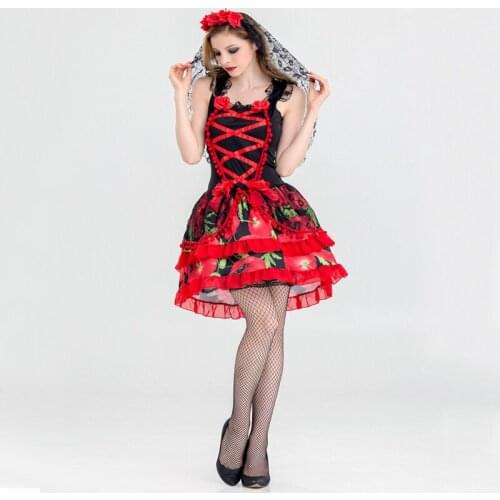 Free shipping 2018 new adult vampire zombie cosplay costume Halloween Ghost Bride short Dress with headscarf for women